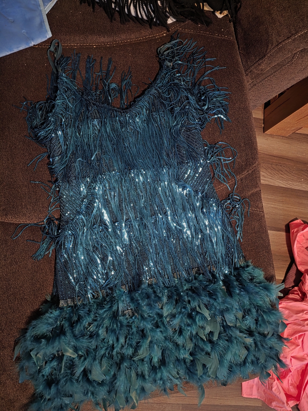 Teal Fringe & Feather Cocktail Dress